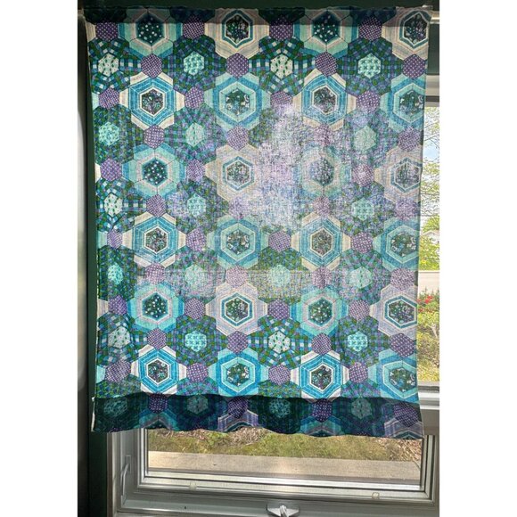 Vintage 70s curtain, blue, green purple faux patchwork, abstract floral panel - Picture 2 of 9